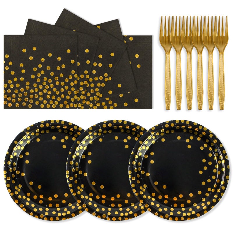 PUEVENYI 75PCS Paper Plates and Napkins Set - Black and Gold Dot Disposable Party Dinnerware Includes Paper Plates, Napkins, Forks Decorations for 2026 Graduation, Birthdays and Weddings, Serves 25 - Image 1