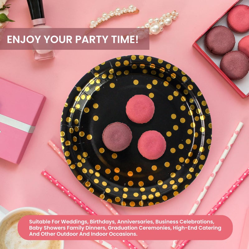 PUEVENYI 75PCS Paper Plates and Napkins Set - Black and Gold Dot Disposable Party Dinnerware Includes Paper Plates, Napkins, Forks Decorations for 2026 Graduation, Birthdays and Weddings, Serves 25 - Image 5