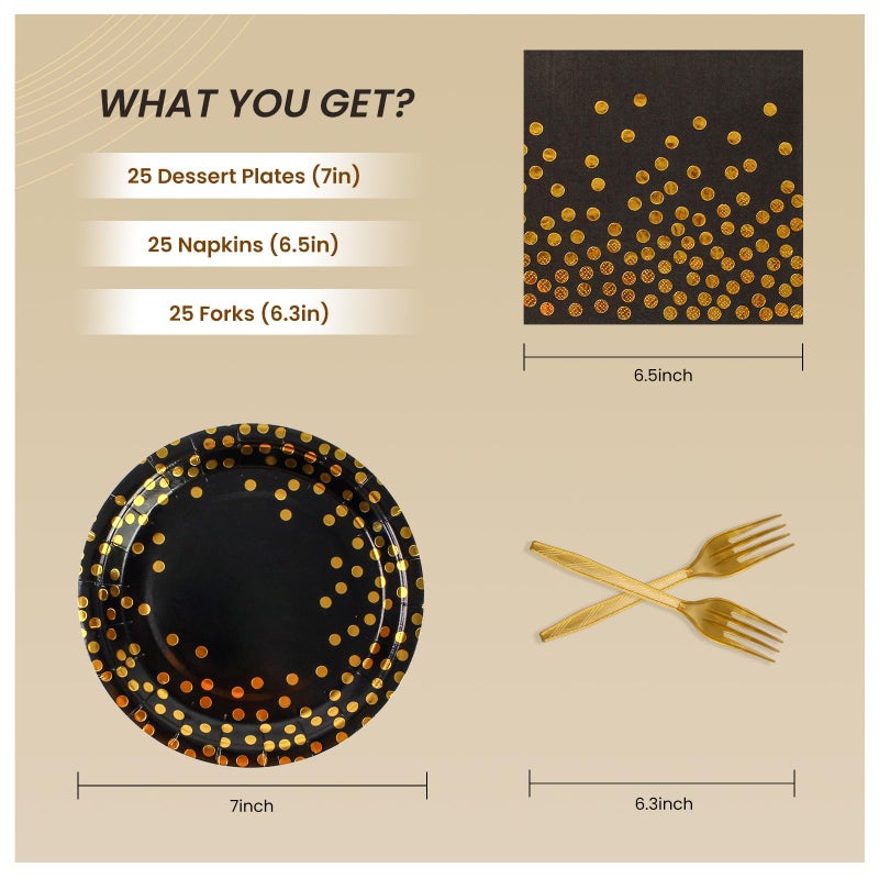 PUEVENYI 75PCS Paper Plates and Napkins Set - Black and Gold Dot Disposable Party Dinnerware Includes Paper Plates, Napkins, Forks Decorations for 2026 Graduation, Birthdays and Weddings, Serves 25 - Image 2
