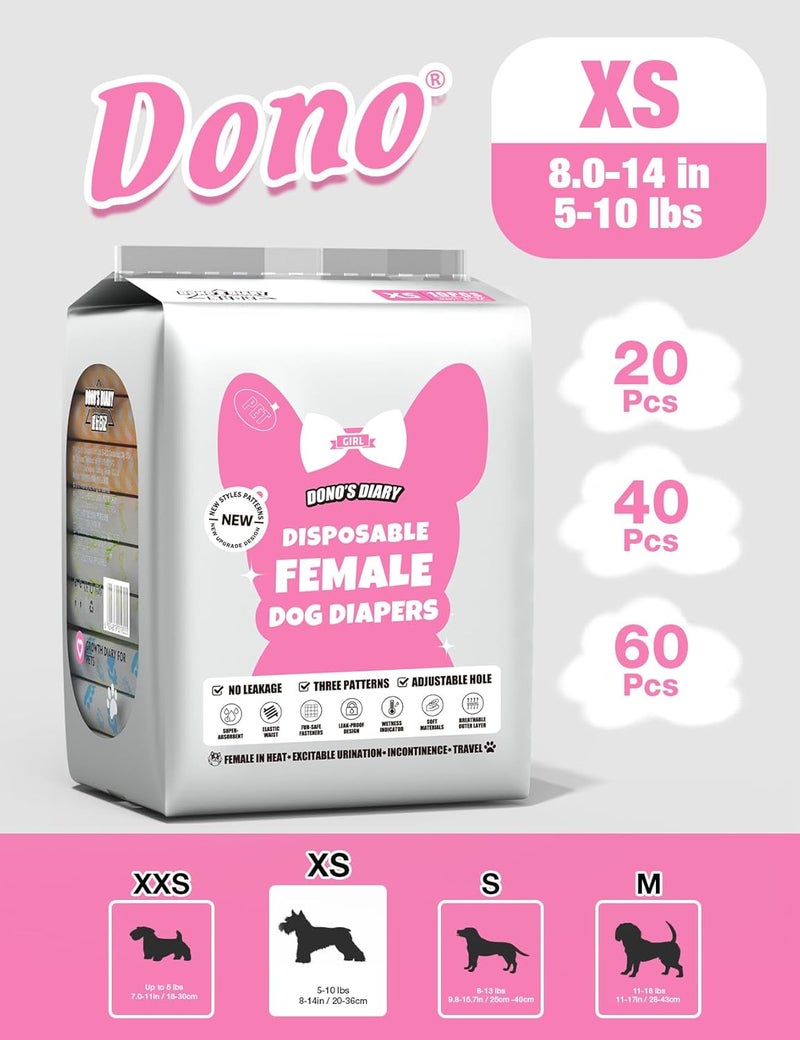 Dono 40PCS Female Dog Diapers, Disposable Period Diapers with Wetness Indicator, Super Absorbent, XS(8-14 inch), 3 Cute Patterns, Female Dogs - Image 4