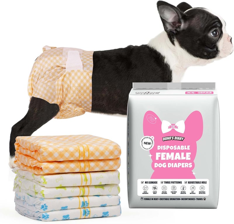 Dono 40PCS Female Dog Diapers, Disposable Period Diapers with Wetness Indicator, Super Absorbent, XS(8-14 inch), 3 Cute Patterns, Female Dogs - Image 1