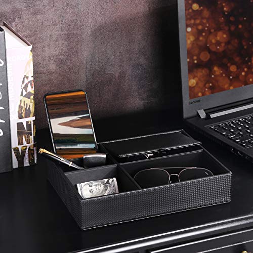 BEWISHOME Mens Valet Tray Dresser Organizer Nightstand Organizer for Mens Accessories Jewelries, Carbon Fiber Faux Leather, Black SSH06C - Image 2