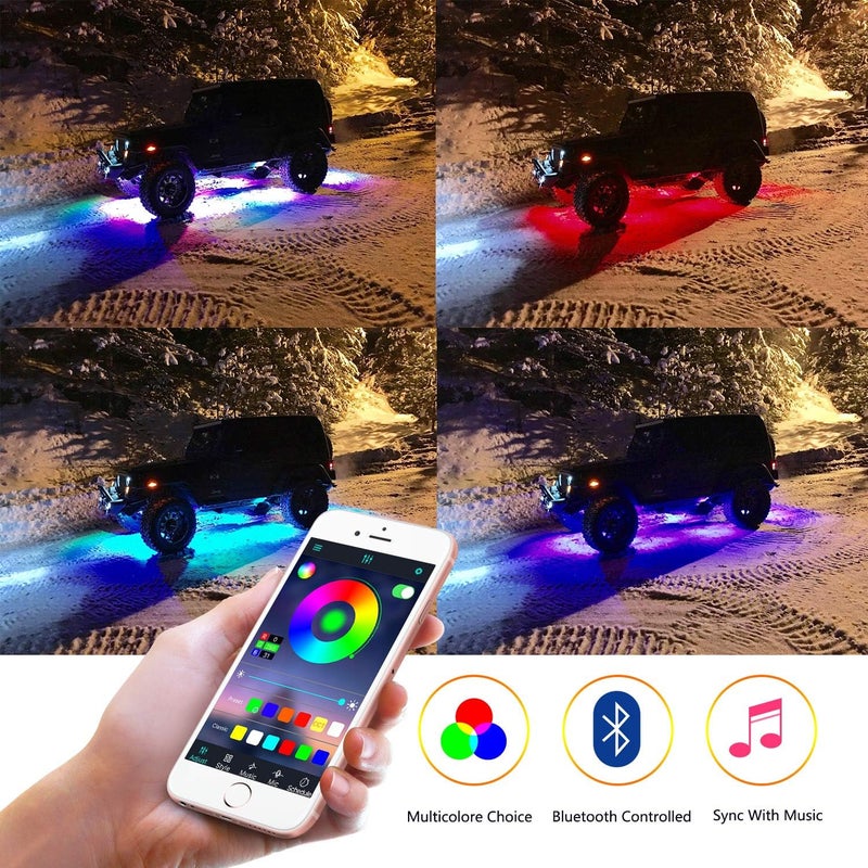 Niking Auto مجموعات أضواء الصخور RGB، تحتوي على 12 وحدة من أضواء LED بتقنية الإضاءة الخلفية RGB، مع جهاز تحكم عبر البلوتوث وإضاءة متعددة الألوان، مناسبة للشاحنات والمركبات غير الرسمية والدراجات النارية والقوارب والقوارب البحرية والدراجات النارية. - Image 5