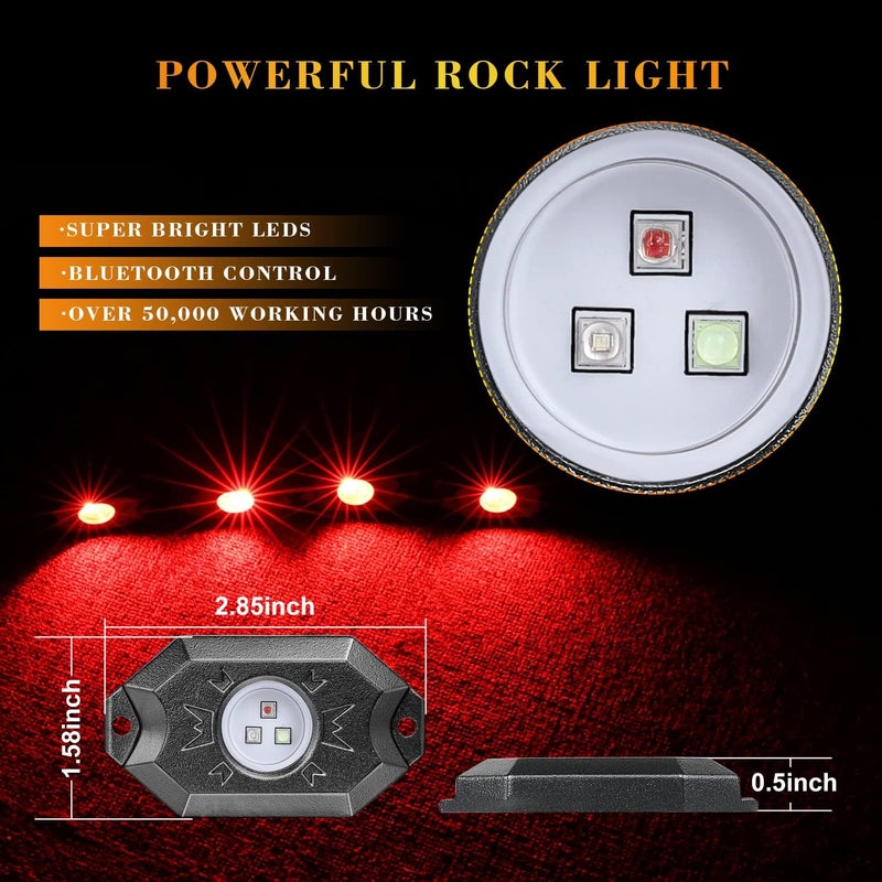 Niking Auto مجموعات أضواء الصخور RGB، تحتوي على 12 وحدة من أضواء LED بتقنية الإضاءة الخلفية RGB، مع جهاز تحكم عبر البلوتوث وإضاءة متعددة الألوان، مناسبة للشاحنات والمركبات غير الرسمية والدراجات النارية والقوارب والقوارب البحرية والدراجات النارية. - Image 4