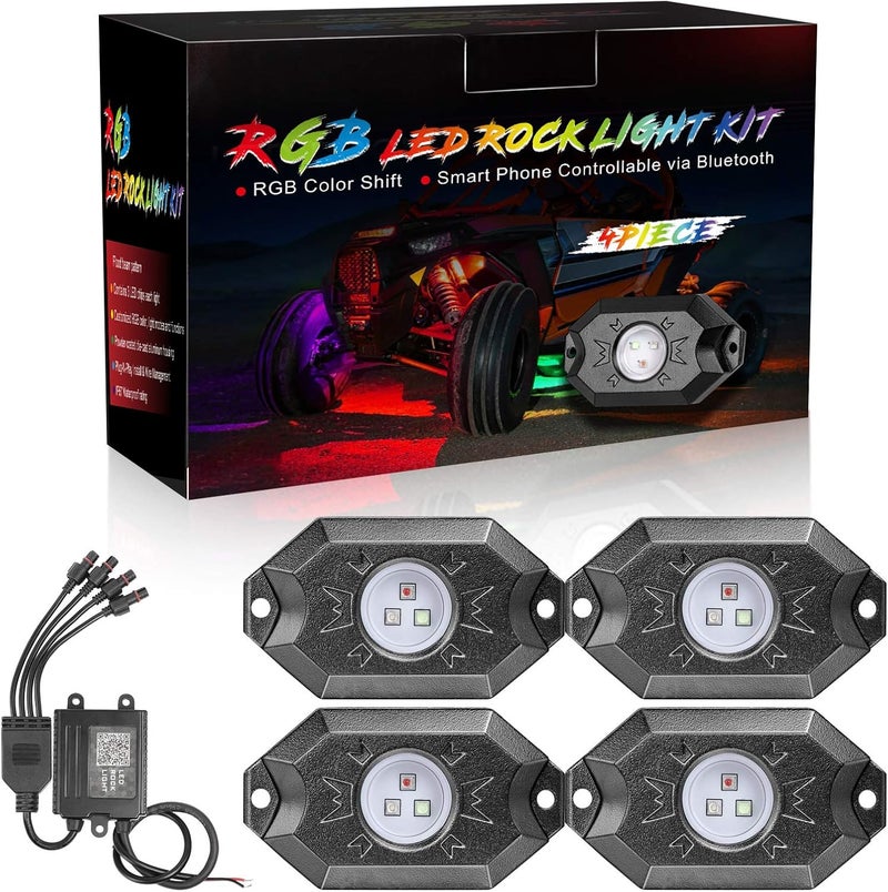 Niking Auto مجموعات أضواء الصخور RGB، تحتوي على 12 وحدة من أضواء LED بتقنية الإضاءة الخلفية RGB، مع جهاز تحكم عبر البلوتوث وإضاءة متعددة الألوان، مناسبة للشاحنات والمركبات غير الرسمية والدراجات النارية والقوارب والقوارب البحرية والدراجات النارية. - Image 1