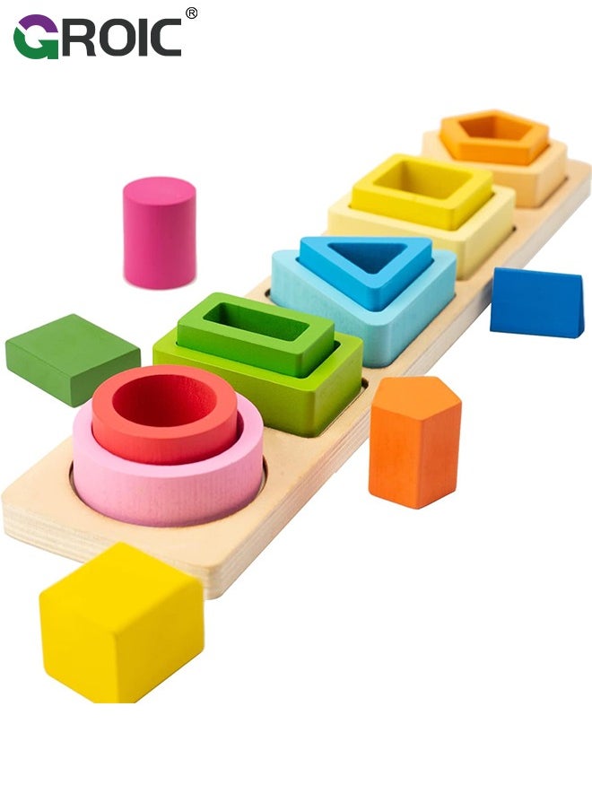 GROIC 5-in-1 Wooden Play Kit, Montessori Toys for Toddlers, Wooden Sorting & Stacking Toys Geometry Shape Sorter and Color Staking Preschool Kids Gift, Sensory Toy for Early Education Learning  - Image 1