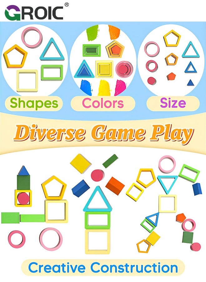 GROIC 5-in-1 Wooden Play Kit, Montessori Toys for Toddlers, Wooden Sorting & Stacking Toys Geometry Shape Sorter and Color Staking Preschool Kids Gift, Sensory Toy for Early Education Learning  - Image 3
