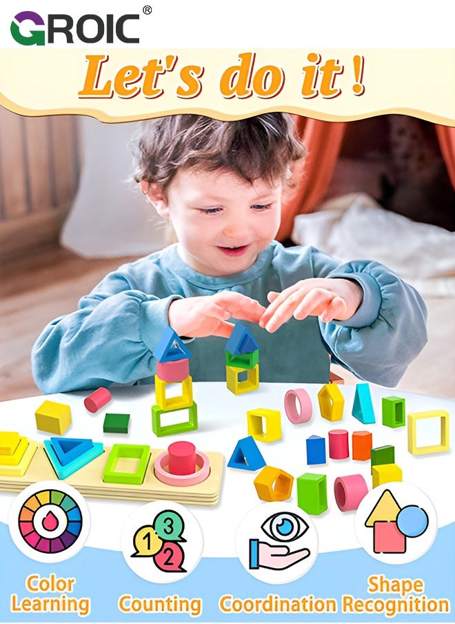 GROIC 5-in-1 Wooden Play Kit, Montessori Toys for Toddlers, Wooden Sorting & Stacking Toys Geometry Shape Sorter and Color Staking Preschool Kids Gift, Sensory Toy for Early Education Learning  - Image 5
