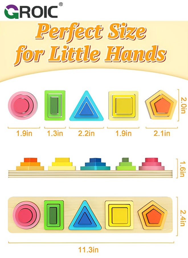 GROIC 5-in-1 Wooden Play Kit, Montessori Toys for Toddlers, Wooden Sorting & Stacking Toys Geometry Shape Sorter and Color Staking Preschool Kids Gift, Sensory Toy for Early Education Learning  - Image 4