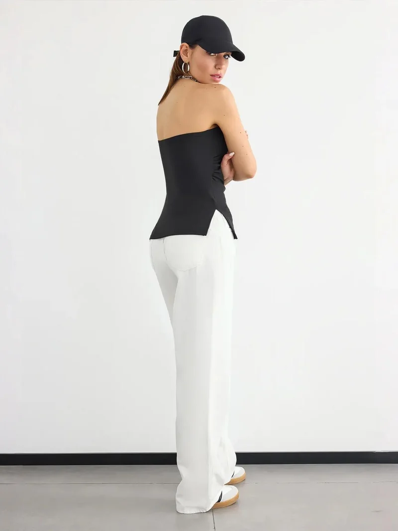 زوبعة بلوزة بدون حمالات سادة بفتحات جانبية