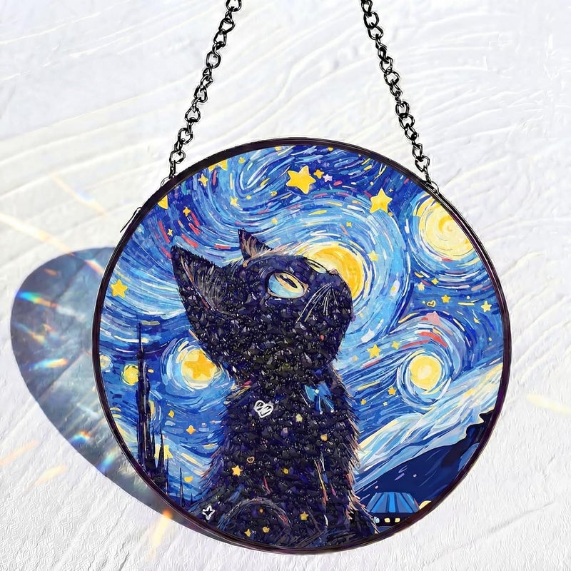 Mifoci 6.3 Inch Stained Glass Window Hanging Black Cat Suncatchers Indoor Window Gifts for Cat Lovers Room Office Decor Aesthetic - Image 1
