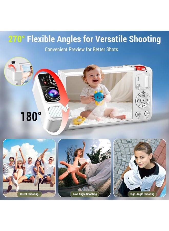 ZEOUPT Digital Camera, 4K 64MP Cameras for Photography, 270°Flip Screen Vlogging Camera, Autofocus, Flash, 18X Zoom, 2 Batteries, 64GB Card, Point and Shoot Digital Cameras for Kids Teens, White - Image 2