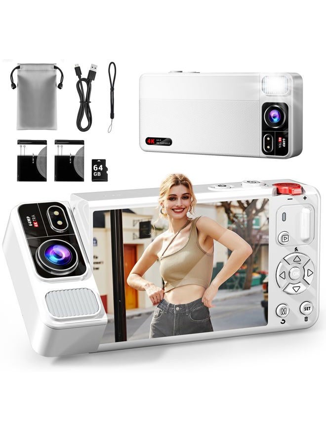 ZEOUPT Digital Camera, 4K 64MP Cameras for Photography, 270°Flip Screen Vlogging Camera, Autofocus, Flash, 18X Zoom, 2 Batteries, 64GB Card, Point and Shoot Digital Cameras for Kids Teens, White - Image 1