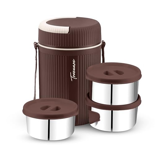 Trueware Plastic Grub 3 Double Wall Insulated Hot Lunch Box With 3 Ss Container 300 Ml Each | Bpa Free | Food Grade | Hot And Fresh Many Hours (Brown) - Image 1
