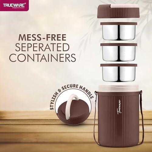 Trueware Plastic Grub 3 Double Wall Insulated Hot Lunch Box With 3 Ss Container 300 Ml Each | Bpa Free | Food Grade | Hot And Fresh Many Hours (Brown) - Image 5