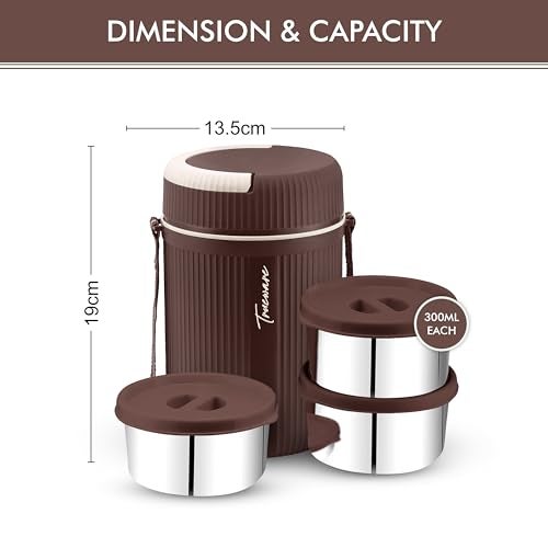 Trueware Plastic Grub 3 Double Wall Insulated Hot Lunch Box With 3 Ss Container 300 Ml Each | Bpa Free | Food Grade | Hot And Fresh Many Hours (Brown) - Image 3