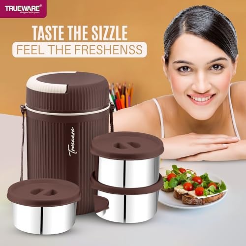 Trueware Plastic Grub 3 Double Wall Insulated Hot Lunch Box With 3 Ss Container 300 Ml Each | Bpa Free | Food Grade | Hot And Fresh Many Hours (Brown) - Image 2