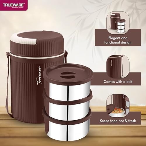 Trueware Plastic Grub 3 Double Wall Insulated Hot Lunch Box With 3 Ss Container 300 Ml Each | Bpa Free | Food Grade | Hot And Fresh Many Hours (Brown) - Image 4