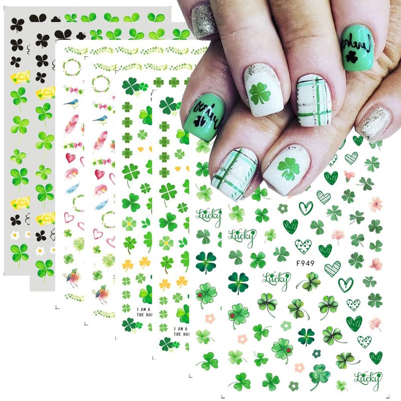 BSBTBZ 8Pcs St. Patrick's Day Nail Art Stickers,Green Shamrock 3D Self-Adhesive Nail Decals St. Patrick's Day Nail Supplies Four Leaf Clover Nail Sticker Lucky of Irish Spring Summer Design Manicure Decor - Image 1