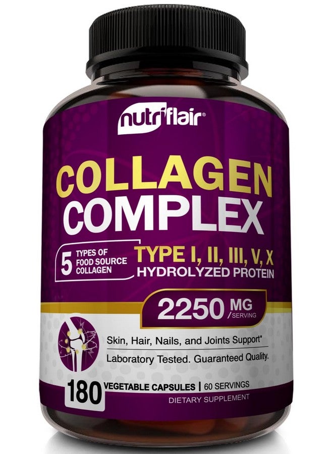 NutriFlair نيتري فلاير متعدد ببتيدات الكولاجين 2250 ملغ - النوع I، II، III، V، X - مكملات الكولاجين المعقدة على شكل مسحوق وكبسولات للنساء والرجال - بروتين مهدرج، شعر صحي، بشرة، أظافر - غير معدلة وراثيًا (180 كبسولة) - Image 1