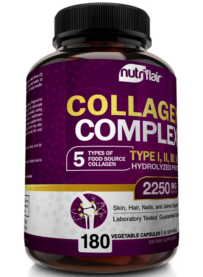 NutriFlair نيتري فلاير متعدد ببتيدات الكولاجين 2250 ملغ - النوع I، II، III، V، X - مكملات الكولاجين المعقدة على شكل مسحوق وكبسولات للنساء والرجال - بروتين مهدرج، شعر صحي، بشرة، أظافر - غير معدلة وراثيًا (180 كبسولة) - Image 5