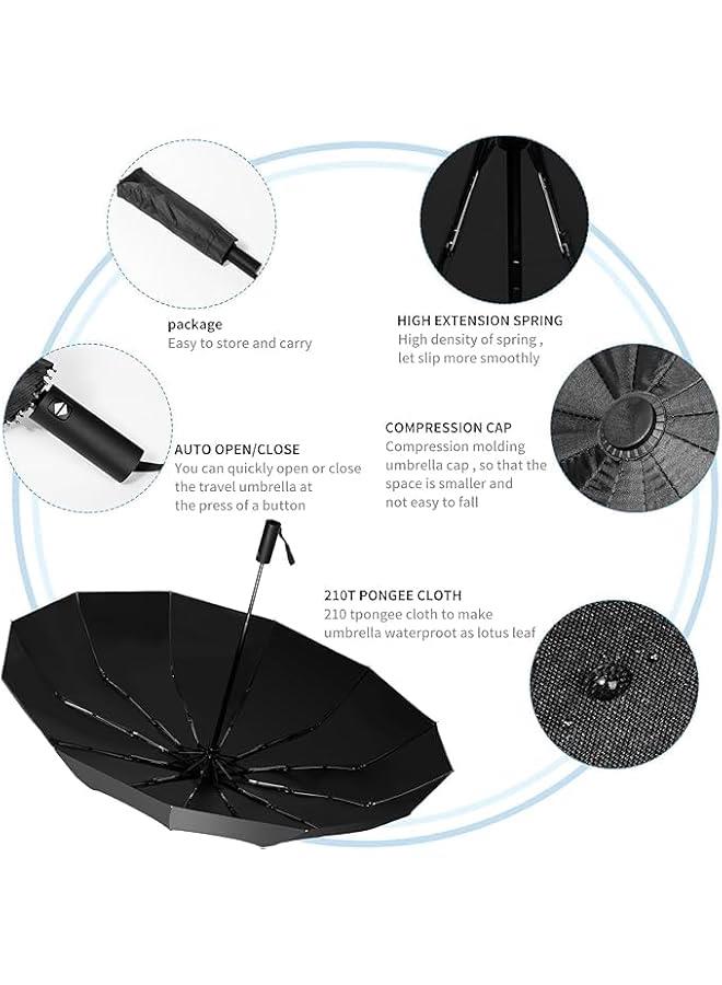 HOOKOR Travel Folding Umbrella UV Protection, Double Layer Automatic Open Umbrella, Premium Travel Umbrellas for Rain Strong Fiberglass Frame, Durable &Compact with 12 Ribs golf Umbrella - Image 5