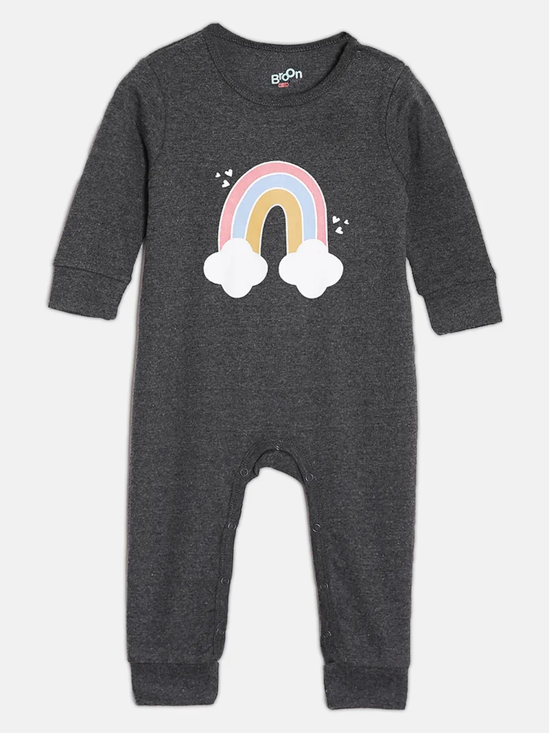 Broon Broon Infant Girls Grey Melange and Black Printed Organic Cotton Sleepsuit Pack of 2
