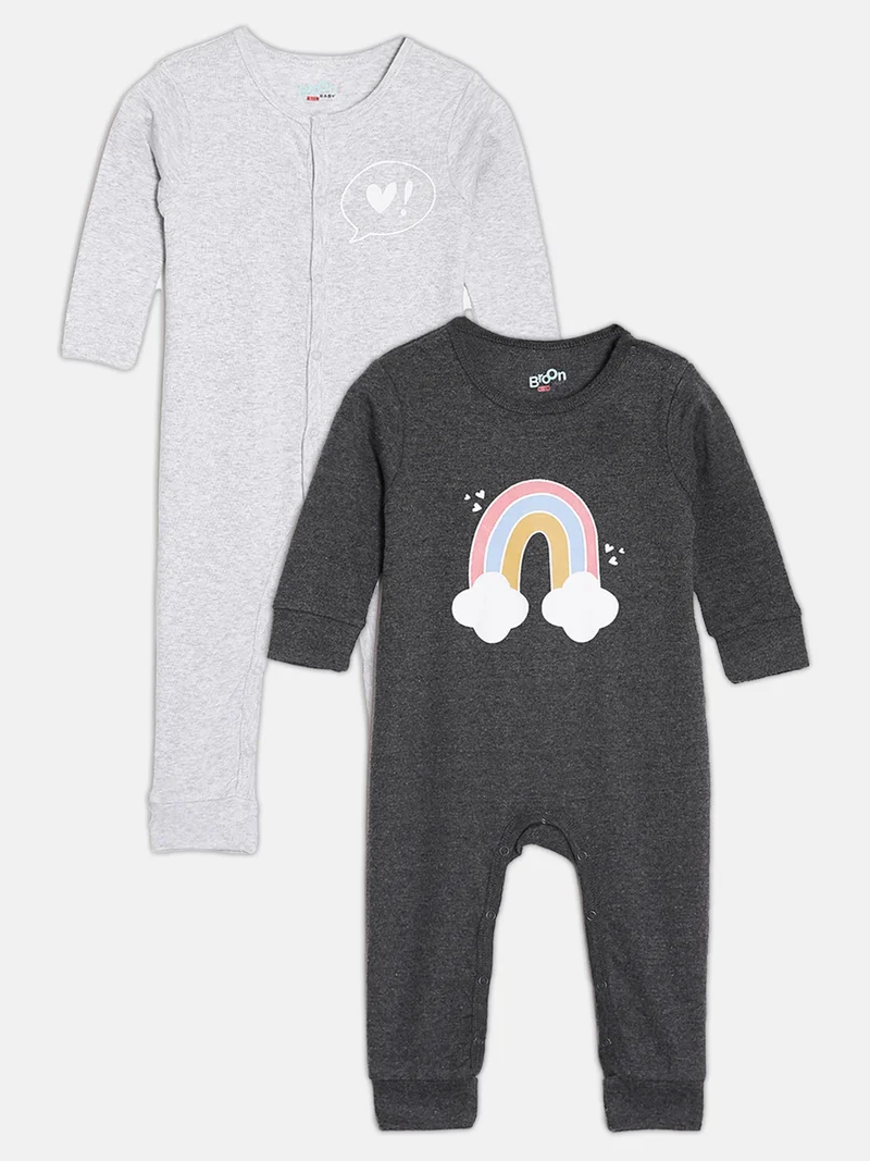 Broon Broon Infant Girls Grey Melange and Black Printed Organic Cotton Sleepsuit Pack of 2
