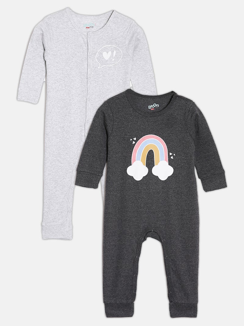 برون طقم بيجامات قطن عضوي مطبوع للبنات من برون، رمادي فاتح وأسود، قطعتين - Image 1