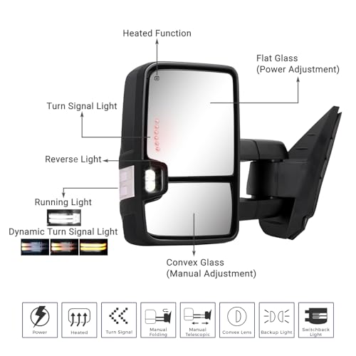 Sanooer Switchback Towing Mirror for Silverado Sierra - 2007-2013 Chevy Silverado GMC Sierra Tow Mirror with Power Adjusted Heated Glass Running Light Turn Signal Light Backup Lamp Chrome Lens - Image 3