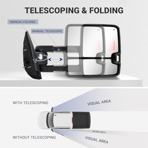 Sanooer Switchback Towing Mirror for Silverado Sierra - 2007-2013 Chevy Silverado GMC Sierra Tow Mirror with Power Adjusted Heated Glass Running Light Turn Signal Light Backup Lamp Chrome Lens - Image 4
