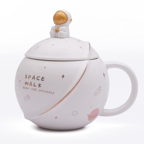 STORE 2508 Coffee Mug Mugs for Gift Birthday Gift Cups Ceramic Mug Valentine Gift for Boyfriend Best Friend Mug with Lid & Spoon 3D Creative Space and Astronaut Planet Coffee Mug 400ml (White) - Image 1