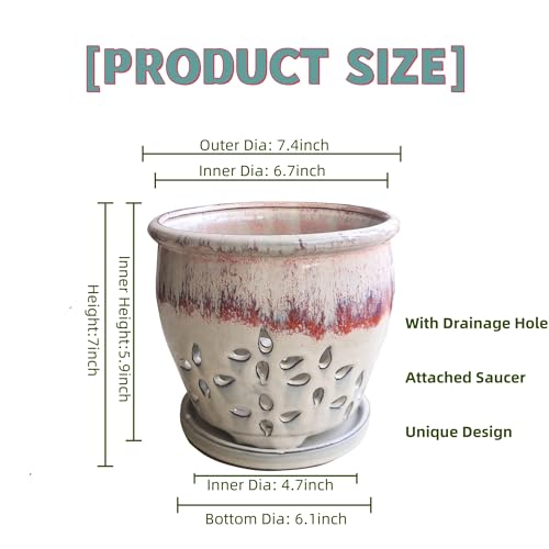 Beitewei 7inch Orchid Pots with Holes Round Ceramic Flower Container Succulent Plant Planter Butterfly Pot Saucer Windowsill Contemporary Home Decoration (Orange Over Cream) - Image 2