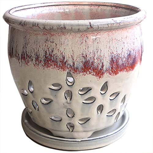 Beitewei 7inch Orchid Pots with Holes Round Ceramic Flower Container Succulent Plant Planter Butterfly Pot Saucer Windowsill Contemporary Home Decoration (Orange Over Cream) - Image 1