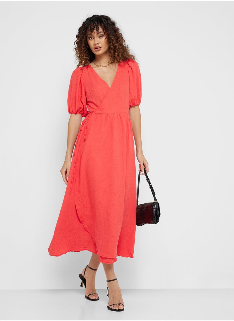 Ginger - Puff Sleeves Wrap Tie Midi Dress - Image 1