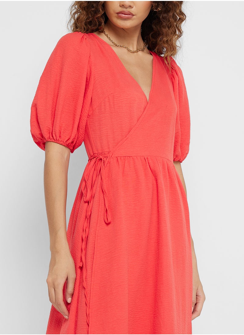 Ginger - Puff Sleeves Wrap Tie Midi Dress - Image 1