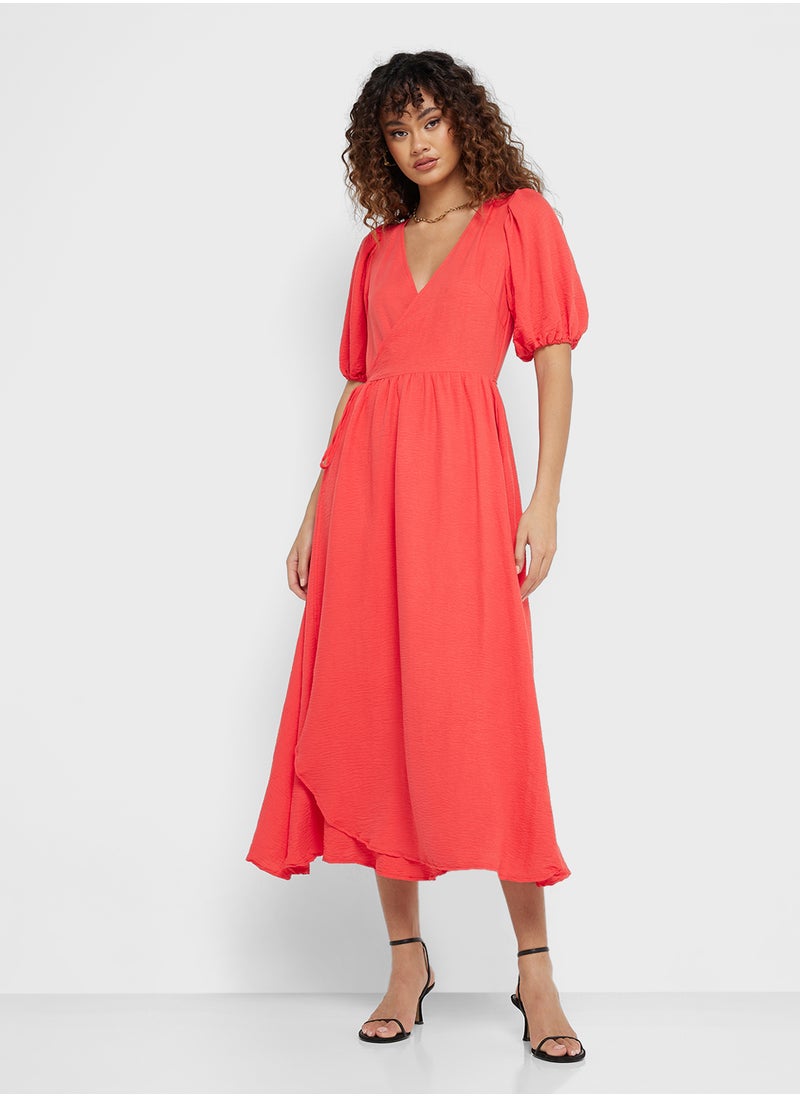 Ginger - Puff Sleeves Wrap Tie Midi Dress - Image 1