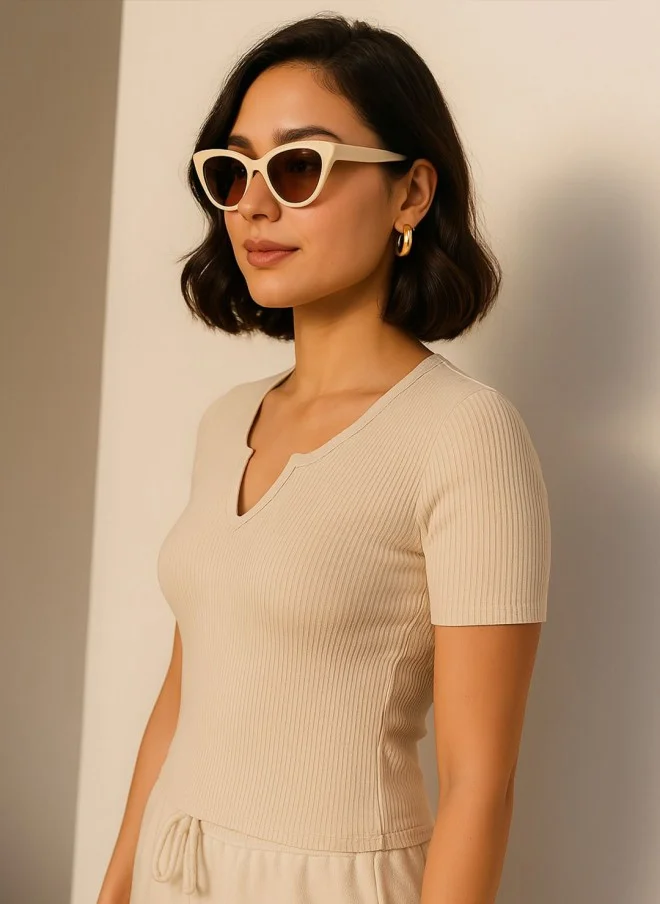 ساسافراس Beige Ribbed V-Neck Cotton Top for Women