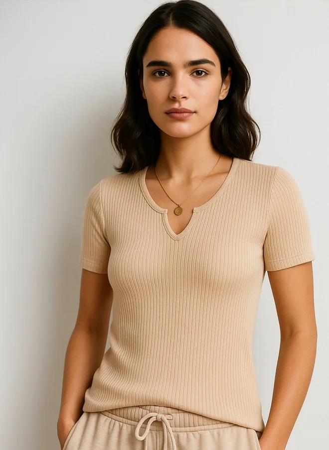 ساسافراس Beige Ribbed V-Neck Cotton Top for Women