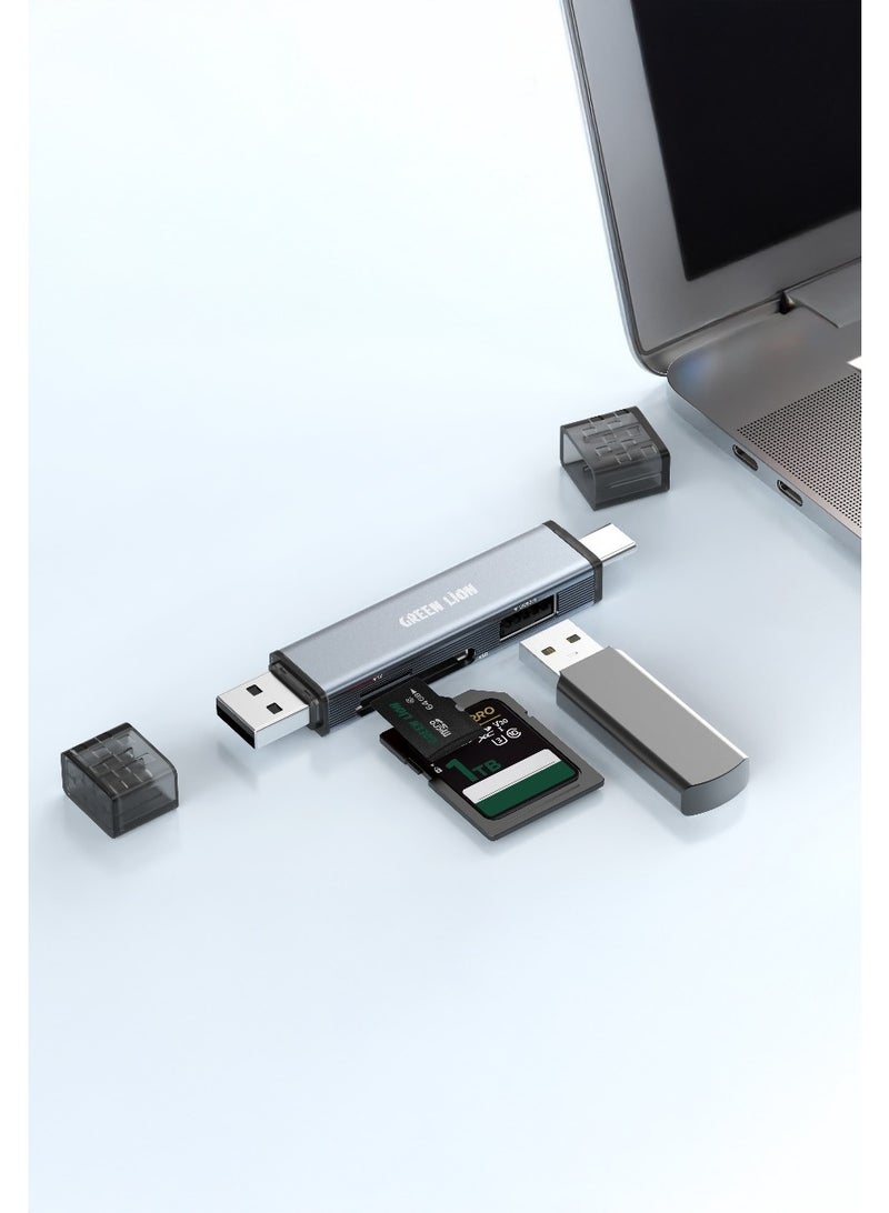 GREEN LION 3 in1 Card Reader with USB-A & USB-C Connectivity, Universal Compatibility, 480Mbps Transfer Speed, Keychain Lanyard, Plug & Play, Aluminum Alloy, TF & SD Cards Up to 2TB Supported - Grey - Image 2