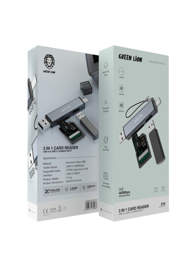 GREEN LION 3 in1 Card Reader with USB-A & USB-C Connectivity, Universal Compatibility, 480Mbps Transfer Speed, Keychain Lanyard, Plug & Play, Aluminum Alloy, TF & SD Cards Up to 2TB Supported - Grey - Image 3