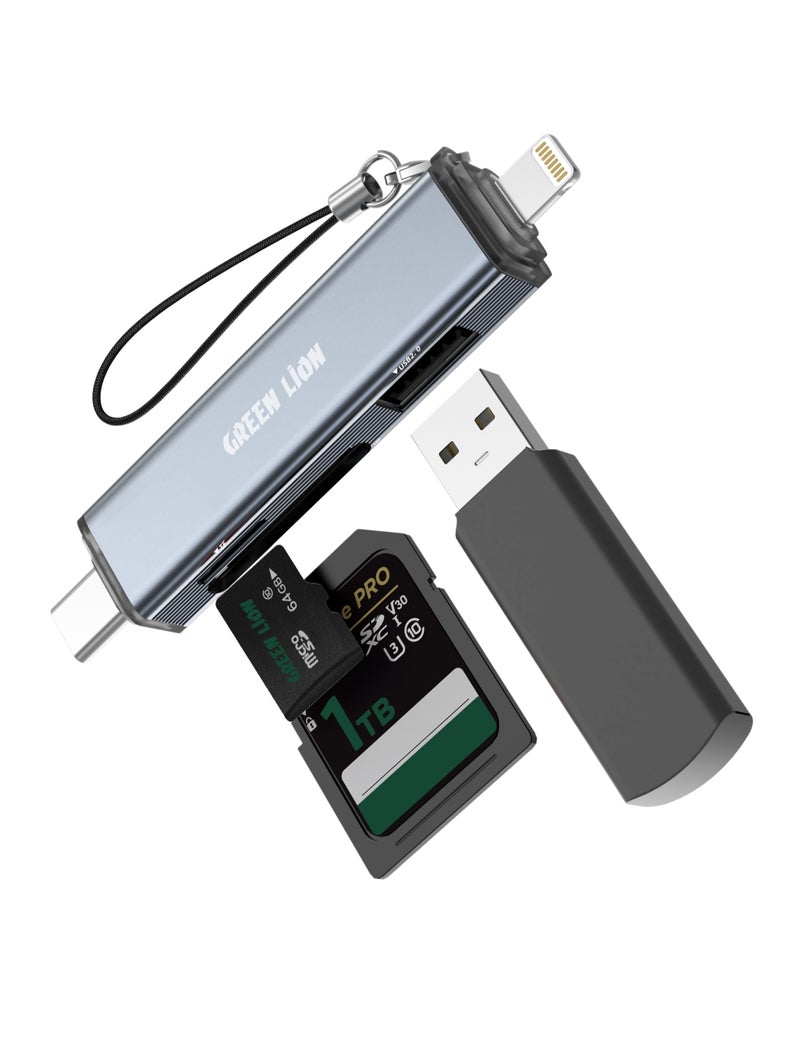 GREEN LION 3 in1 Card Reader with USB-A & USB-C Connectivity, Universal Compatibility, 480Mbps Transfer Speed, Keychain Lanyard, Plug & Play, Aluminum Alloy, TF & SD Cards Up to 2TB Supported - Grey - Image 1