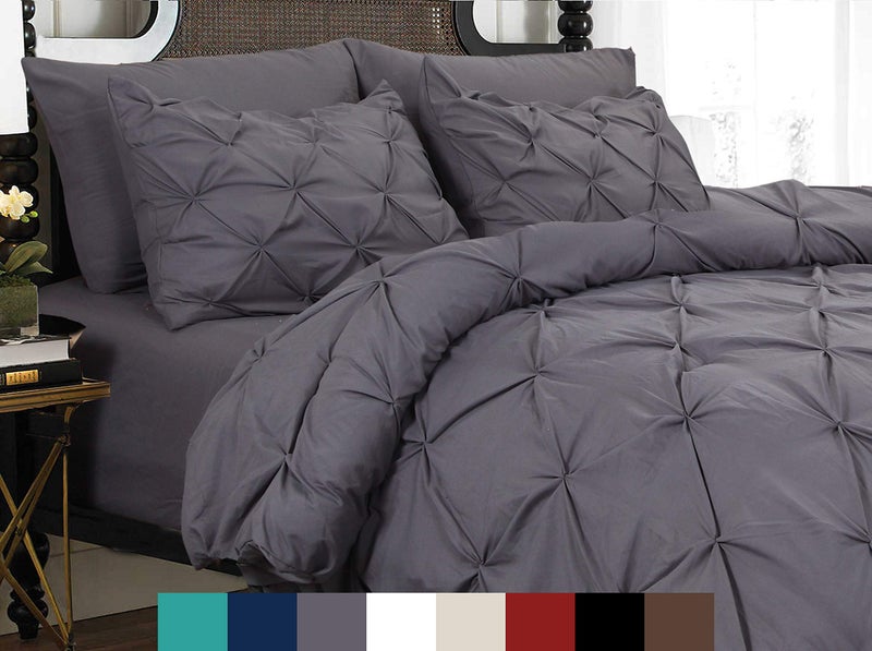Elegant Comfort 3 Piece PinchPleated Button Closure WrinkleResistant UltraSoft Microfiber Duvet Cover Set Luxurious Pintuck Dcor KingCalifornia King Kitty Gray