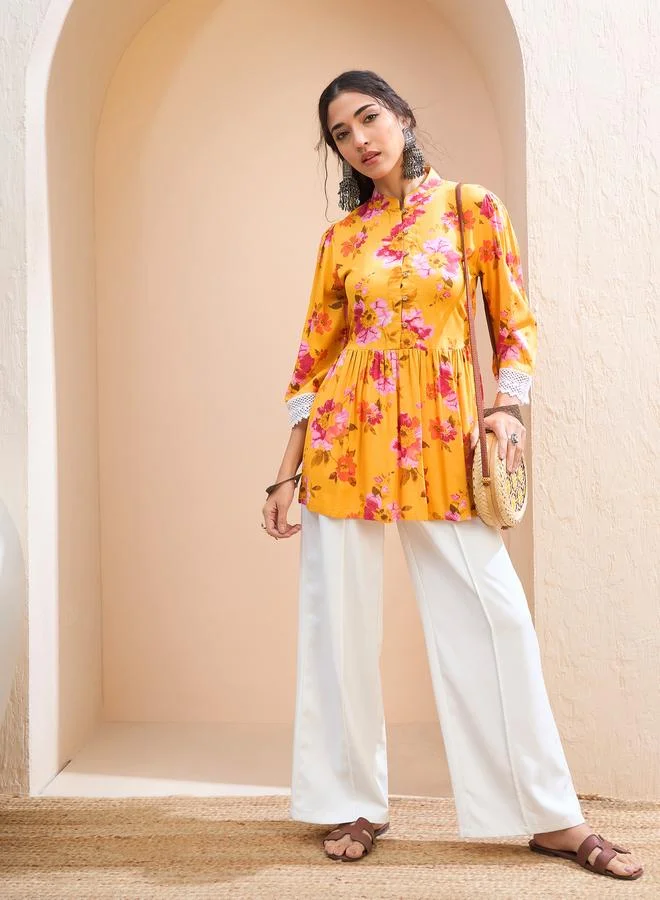 SASSAFRAS SASSAFRAS Yellow Floral Buttoned Gathered Kurti