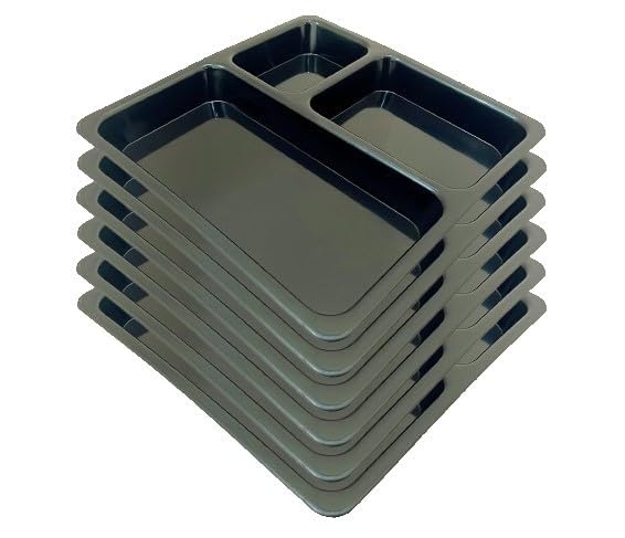 AWICKTIK Plastic 3 in 1 Pav Bhaji PlateThaliDinner PlatesThree Compartment Plates Set of 6 Piece Black - Image 1