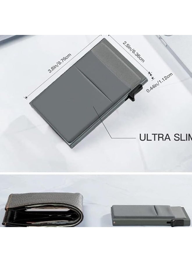 Card Holder Wallet with Coin Pocket, Magnetic Pop-Up Card Closure with ID Window, Leather Cash and Credit Card Wallet, Slim Business Credit Card Wallet with Money Pocket for Men (gray) - Image 3