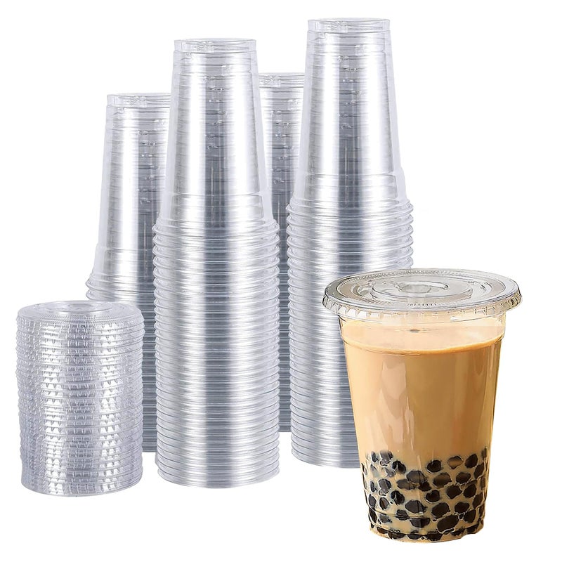 TashiBox plastic cups with lids 20 oz 100cups100flat lidsClear Crystal disposable plastic cupssmoothie cups