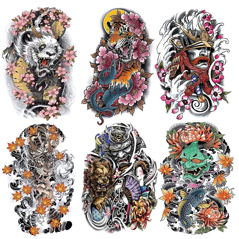 Oottati Oottati 6 Sheets Arm Fake Waterproof Temporary Tattoos Stickers Colorful Japanese Prajna Tiger Panda Lotus Koi Carp Samurai 