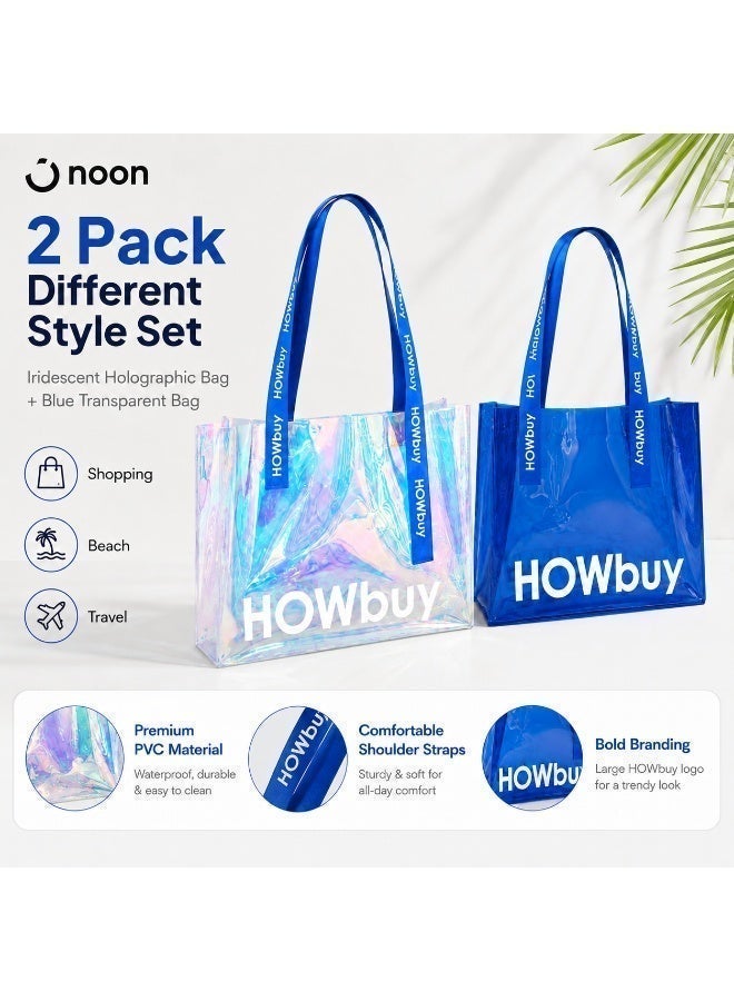 San Yi PVC Iridescent Shopper Tote Bags 2 Pack Large Capacity Holographic Shoulder Bags 39 x 30 x 12 cm - Image 3