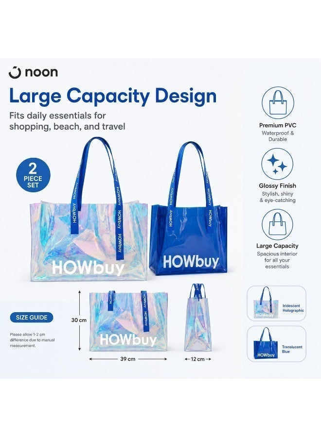 San Yi PVC Iridescent Shopper Tote Bags 2 Pack Large Capacity Holographic Shoulder Bags 39 x 30 x 12 cm - Image 5